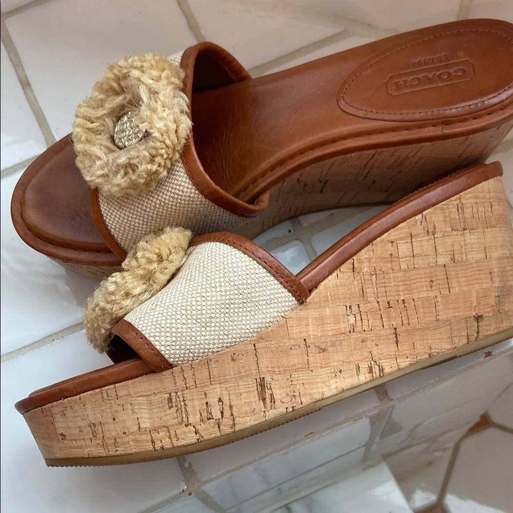 Coach Tan and Cream Slide Wedge Sandals with Rosette Detail - Picture 5 of 6